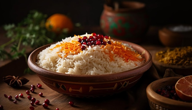 Bol de riz basmati bio aux légumes frais et coriandre vapeur généré par IA