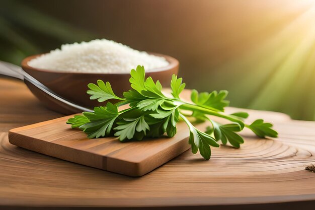 Un bol de riz et un bol de persil sur une table