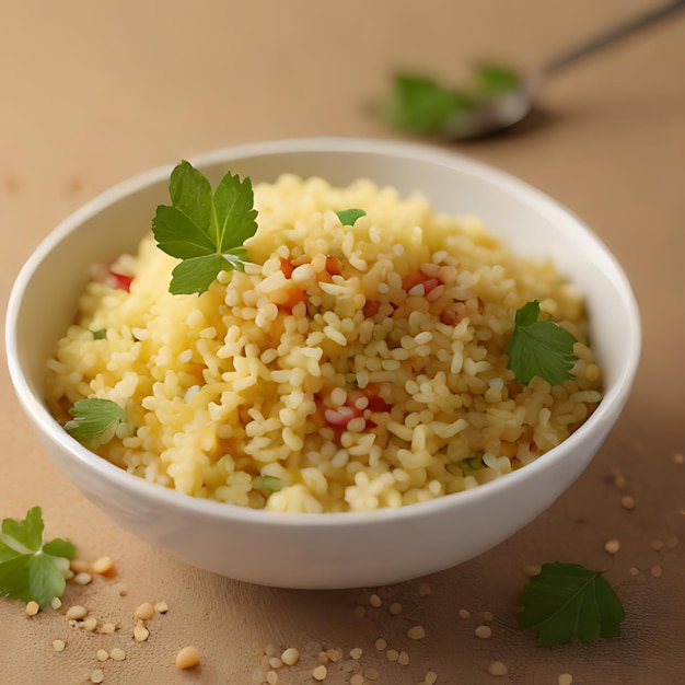 Photo un bol de riz avec une cuiller et une cuillère