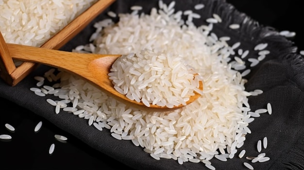 Un bol de riz avec une cuillère en bois et une cuillère en bois avec le mot riz dessus.