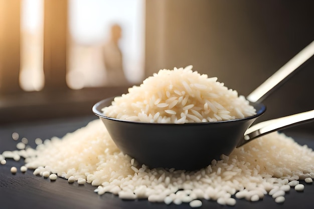 Un bol de riz avec une cuillère et une cuillère