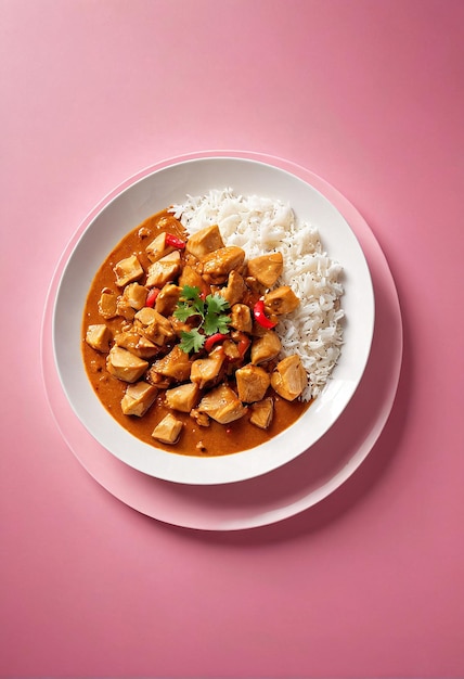 Photo un bol de riz avec du poulet et du riz sur une table rose