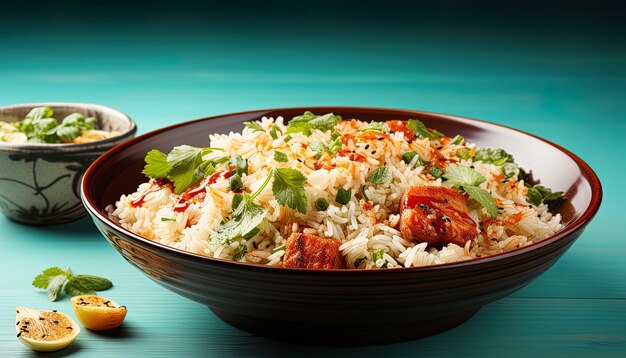 Photo un bol de riz avec du poulet et des légumes