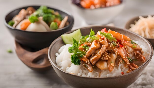 un bol de riz avec du poulet et des légumes