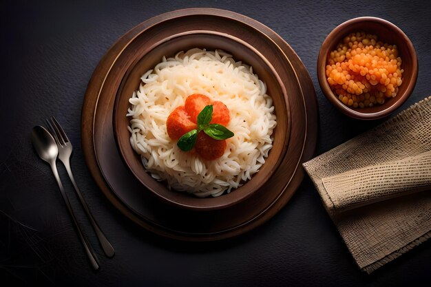 Un bol de riz avec du riz et des légumes dessus