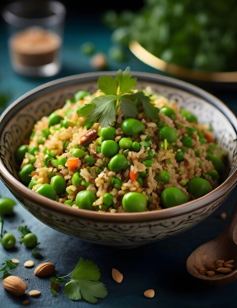 un bol de riz avec du riz et des pois