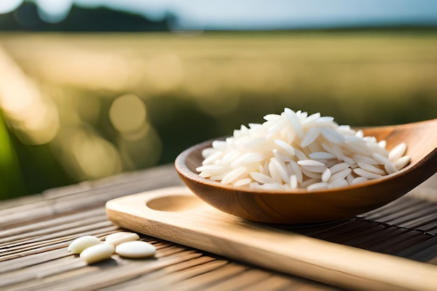 Un bol de riz est posé sur une table en bois avec un champ vert en arrière-plan.