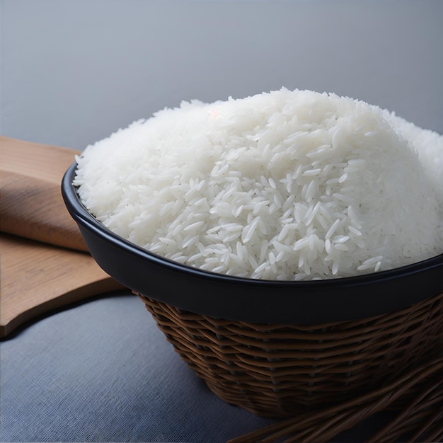 Un bol de riz est rempli de riz sur une table.