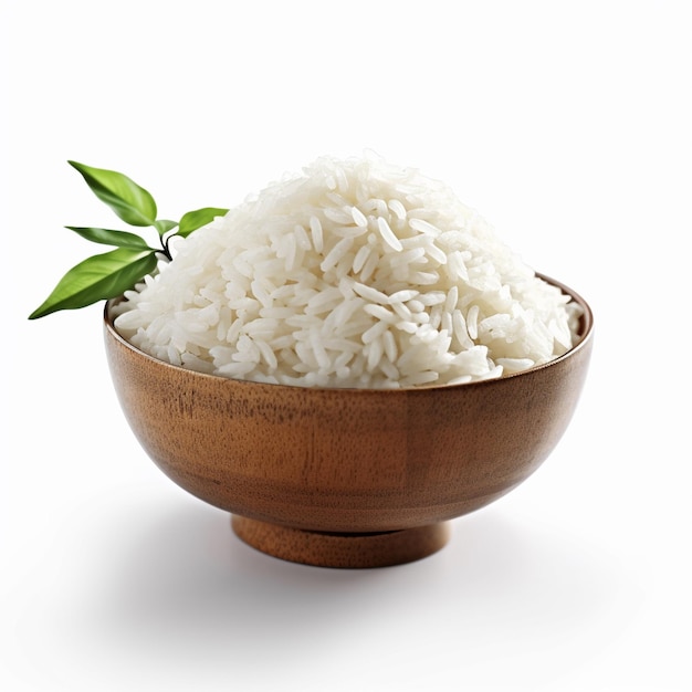 un bol de riz avec une feuille sur le côté.