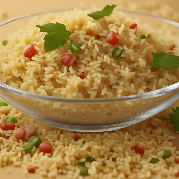 un bol de riz avec une feuille verte sur le dessus