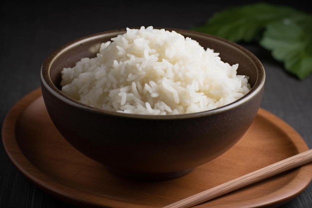 Bol de riz sur fond marron et bois