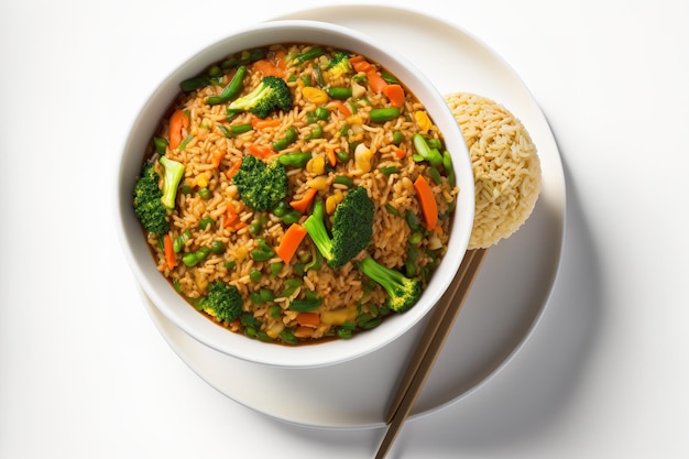 Un bol de riz frit aux légumes chinois et un plat d'accompagnement sont vus sur un fond blanc