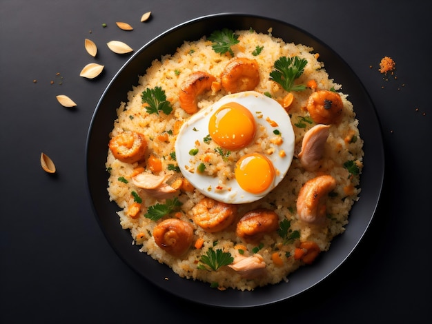 Un bol de riz frit avec des crevettes et un œuf frit dessus.