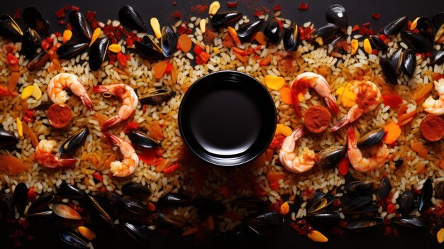 Un bol de riz et de fruits de mer sur une table avec le mot ai