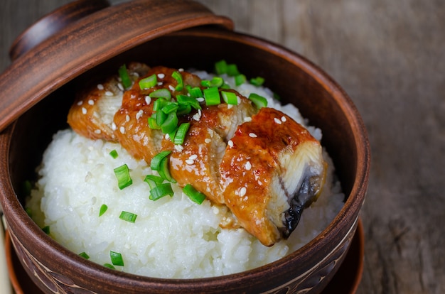 Bol de riz garni d'anguille grillée à la sauce unagi.