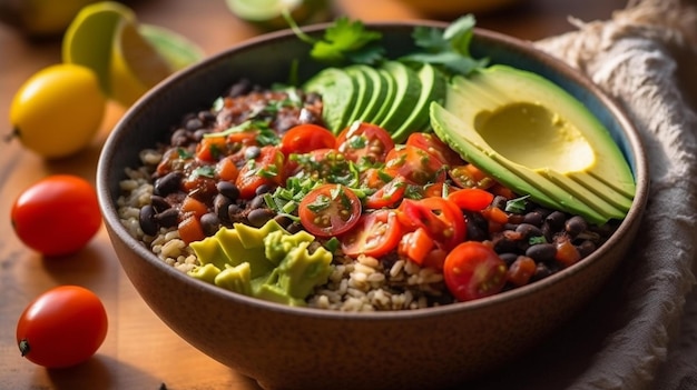 Photo bol de riz mexicain coloré avec avocat aux haricots noirs