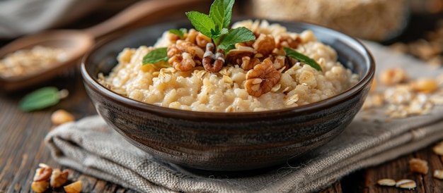 Un bol de riz et de noix sur une table en bois