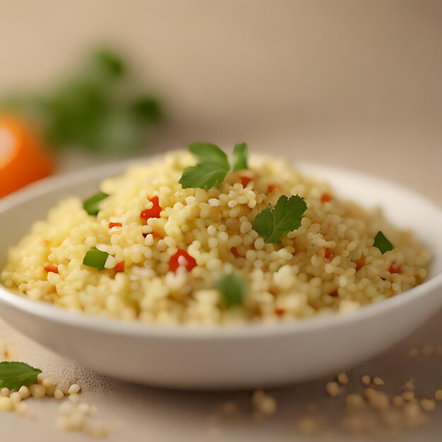 un bol de riz avec un petit bol blanc de persil