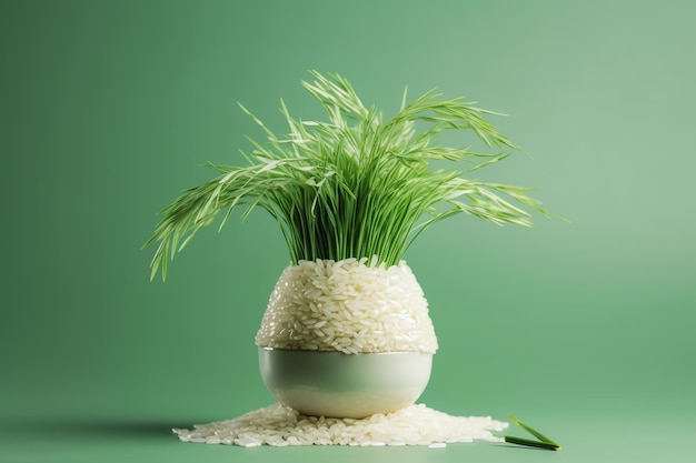 Un bol de riz avec une plante qui en sort