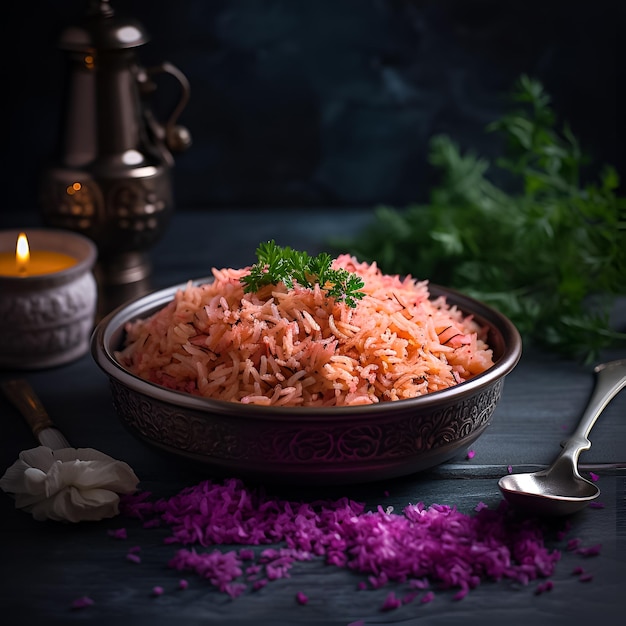 Un bol de riz rose avec une cuillère à côté et une bougie sur le côté.