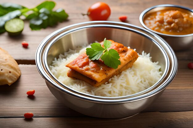 Un bol de riz avec un saumon dessus