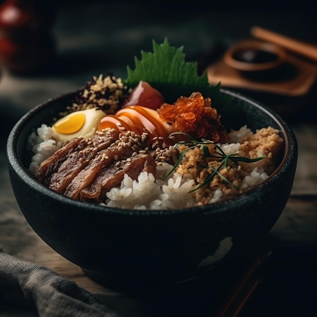 Un bol de riz avec de la viande, des légumes et de la viande sur le dessus.