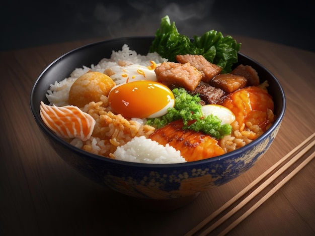 Un bol de riz avec de la viande, de la viande et des légumes.