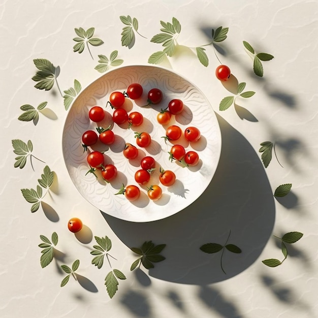 Bol rond minimaliste en céramique blanche avec tomates cerises rouges sur nappe crème AI générative