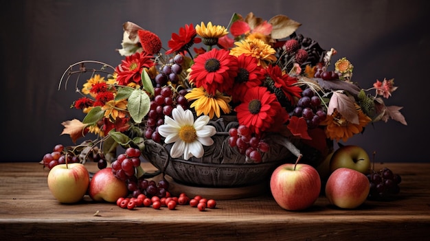 bol rustique de fruits et de fleurs d'automne sur une table en bois