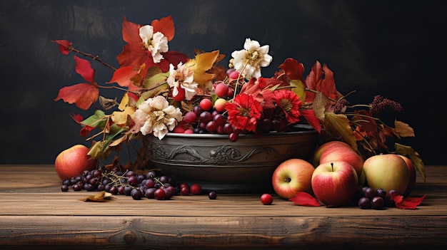 bol rustique de fruits et de fleurs d'automne sur une table en bois