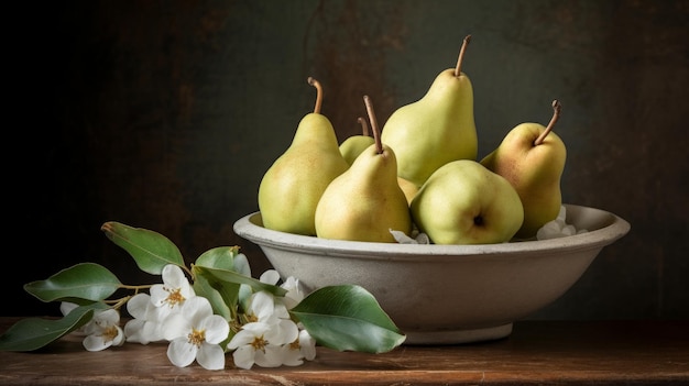 Un bol rustique de poires avec des fleurs