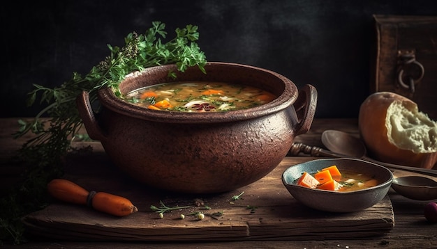 Un bol rustique de soupe aux légumes sains parfait pour l'automne généré par l'IA