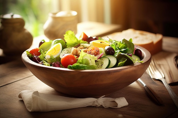 Un bol de salade aux olives et concombre sur une table.