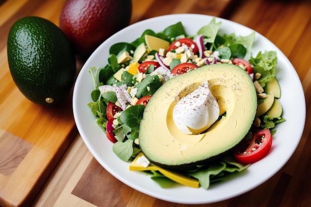 Un bol de salade d'avocat avec de l'avocat sur le dessus.