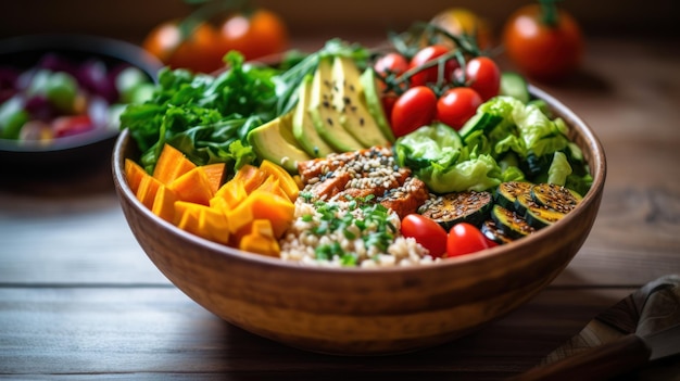 Un bol de salade avec avocat, concombre, tomate et concombre