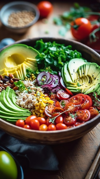 Un bol de salade avec avocat, maïs et oignon rouge.