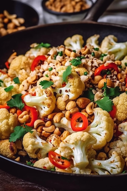 Un bol de salade de chou-fleur aux cacahuètes et cacahuètes.