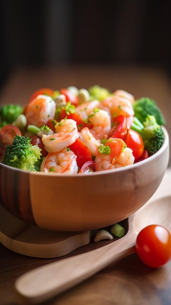 Un bol de salade de crevettes avec brocoli et tomates