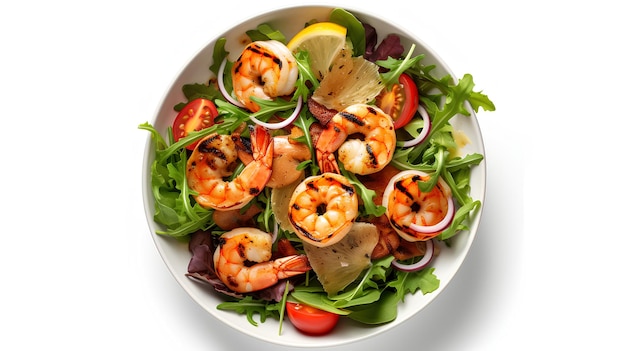 Un bol de salade de crevettes avec un quartier de citron.