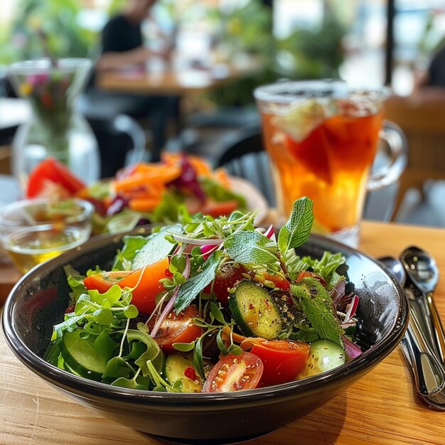 Photo un bol de salade avec une cuiller et une cuillère à côté