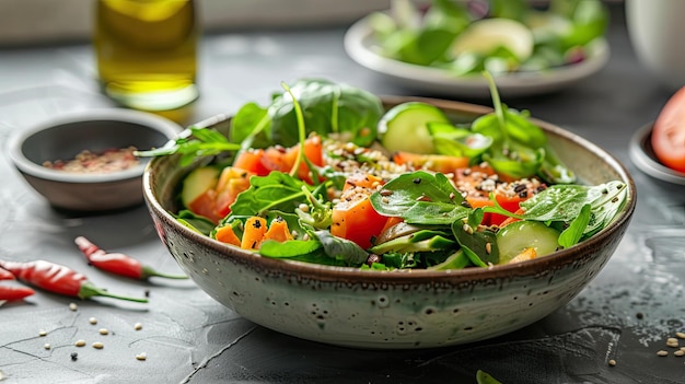 un bol de salade avec des épinards et des tomates