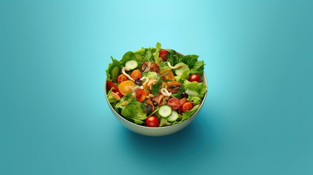 Un bol de salade avec un fond bleu