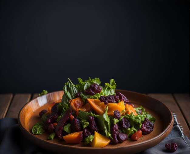 Un bol de salade avec un fond noir