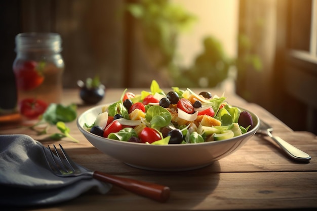 Un bol de salade avec une fourchette et un couteau sur une table en bois.