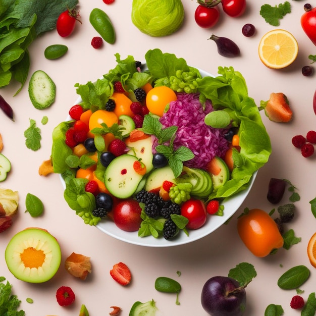Un bol de salade frais avec des légumes biologiques et des fruits multicolores générés par l'intelligence artificielle