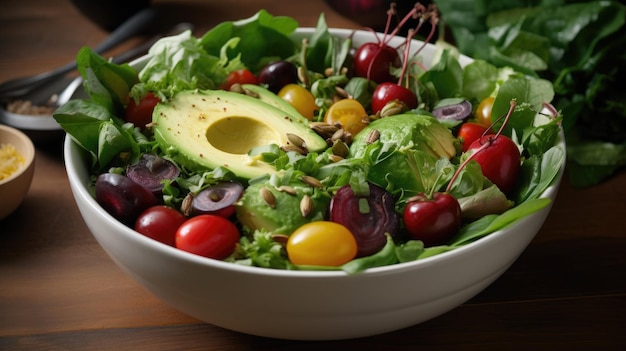 Bol à salade frais et vibrant avec tomates cerises mûres et avocat crémeux