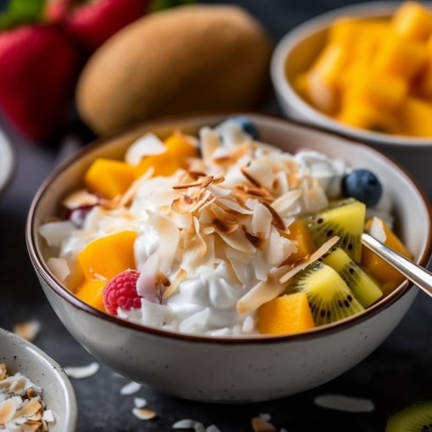 Un bol de salade de fruits avec une cuillère dedans et un bol de yaourt avec une crème de coco.
