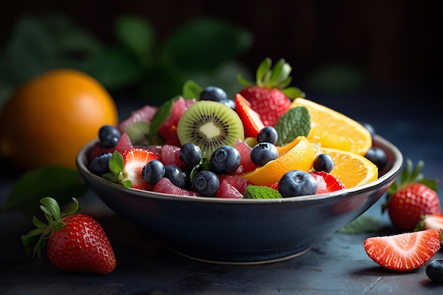 Un bol de salade de fruits avec des feuilles de menthe et des fraises