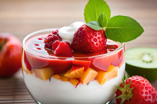 Un bol de salade de fruits avec des fraises et de la crème.