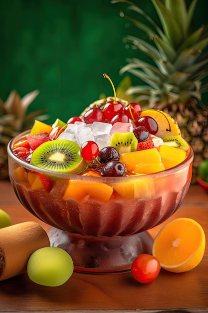 Un bol de salade de fruits avec de la glace et des fruits sur le dessus.